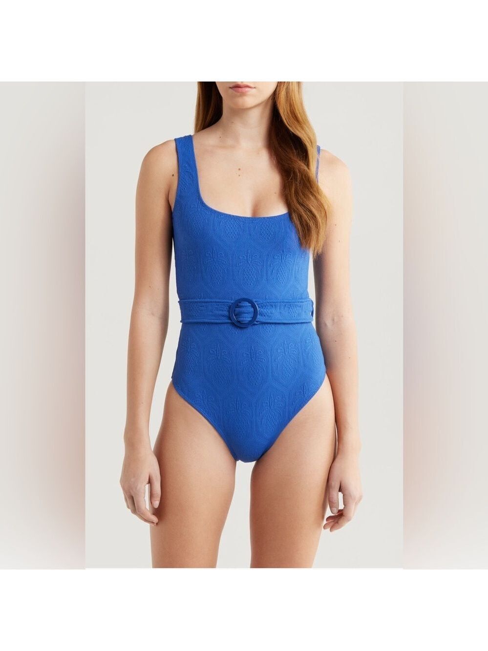 Farm Rio Blue Matelasse Pineapple Belted One-Piece Swimsuit - Picture 1 of 10